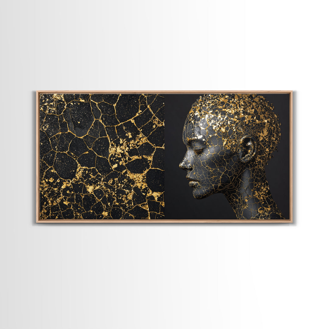 Black Gold Kintsugi African Portrait Canvas Print, Modern Black Art Decor, Luxury Wall Art, Elegant Woman Profile Artwork