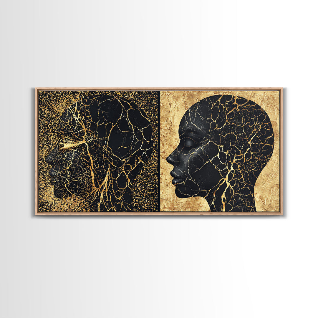 Black Gold Rooted African Profile Diptych Framed Canvas Print, Spiritual Wall Art, Modern Afrocentric Decor, Luxury Art Print
