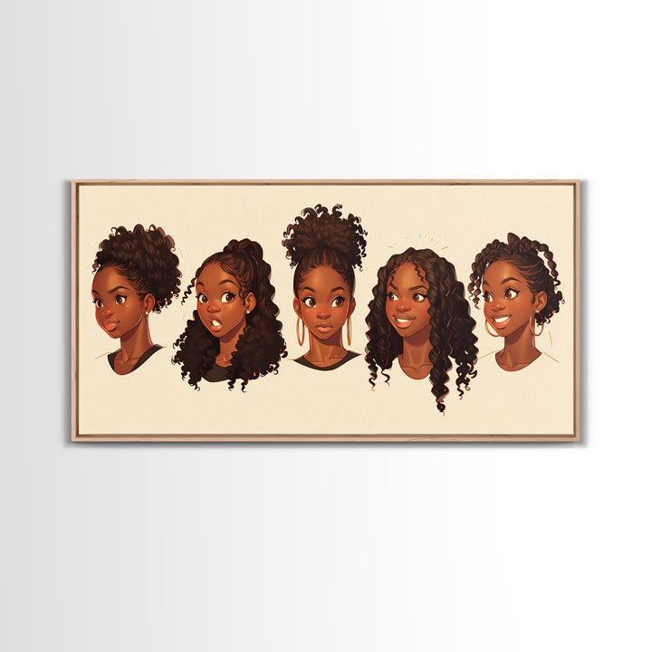 Cute Black Girl Hairstyle Portraits Wall Art, Melanin Artwork, African American Kids Decor, Black Girl Magic Canvas Print