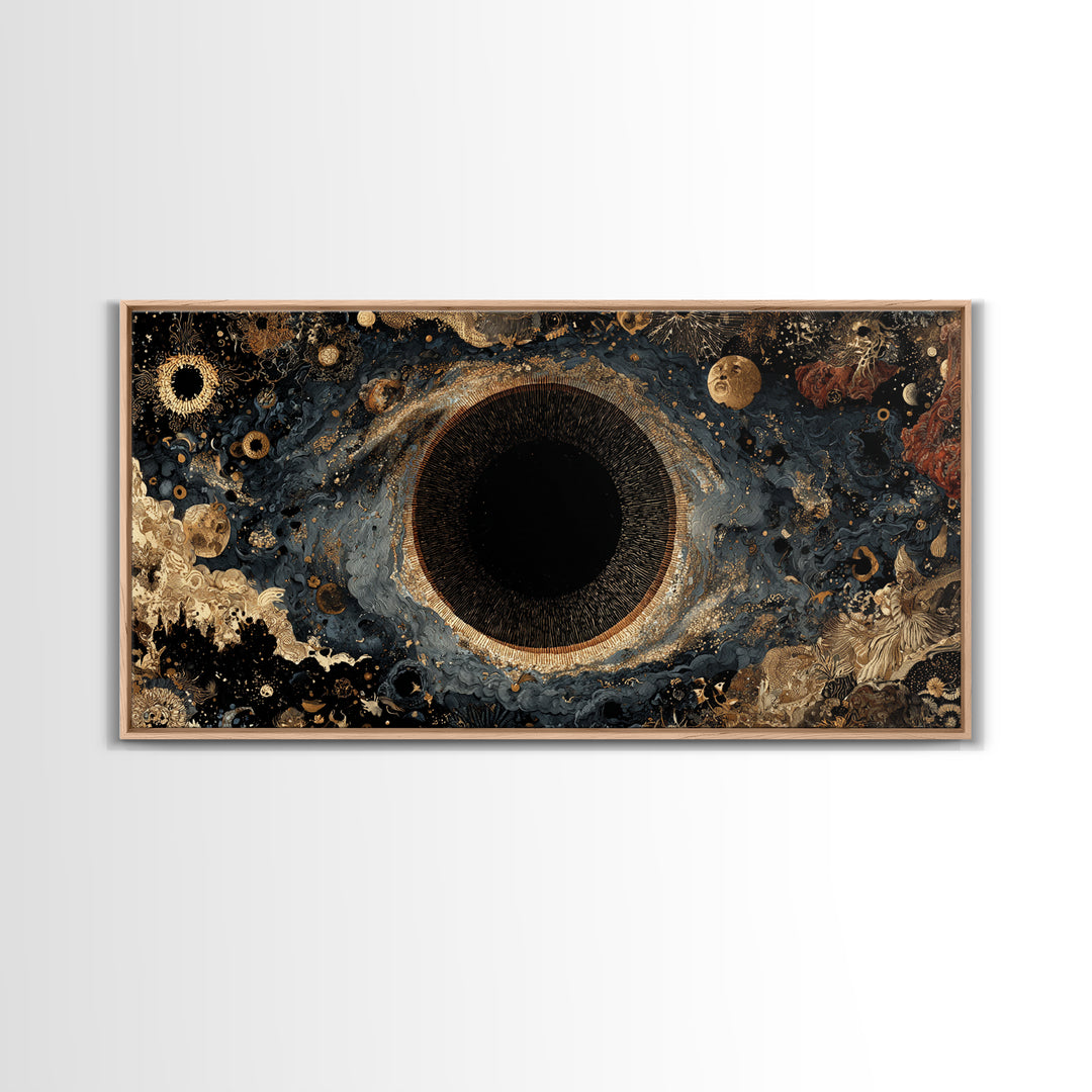 Black Gold Cosmic Eye Framed Canvas Print, Luxury Abstract Wall Decor, Mystical Space Art For Modern Living Room Home Decor