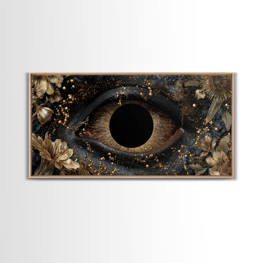 Golden Floral Mystic Eye Canvas Print, Black And Gold Abstract Wall Art, Luxury Feminine Decor For Stylish Living Room Gift