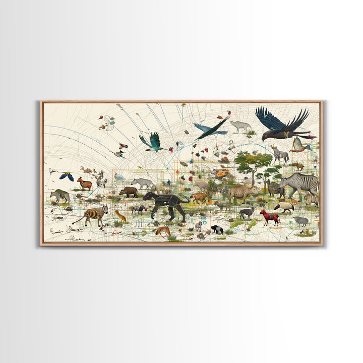 African Safari Map Canvas Print, Wildlife Collage With Elephant Giraffe Rhino, Serengeti Wall Decor, Jungle Animal Art Home Decor