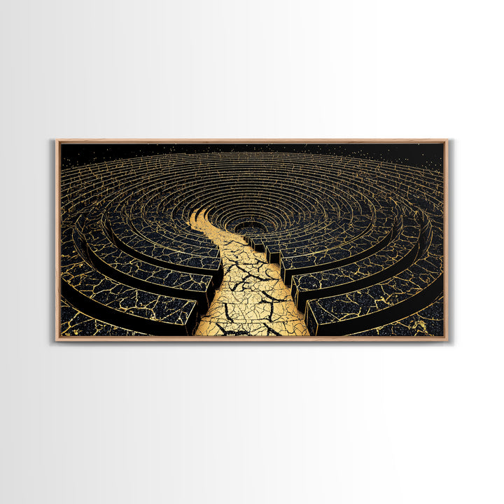 Golden Labyrinth Wall Art, Black And Gold Abstract Spiral Maze, Luxury Canvas Print, Modern Geometric Statement Decor Home Decor