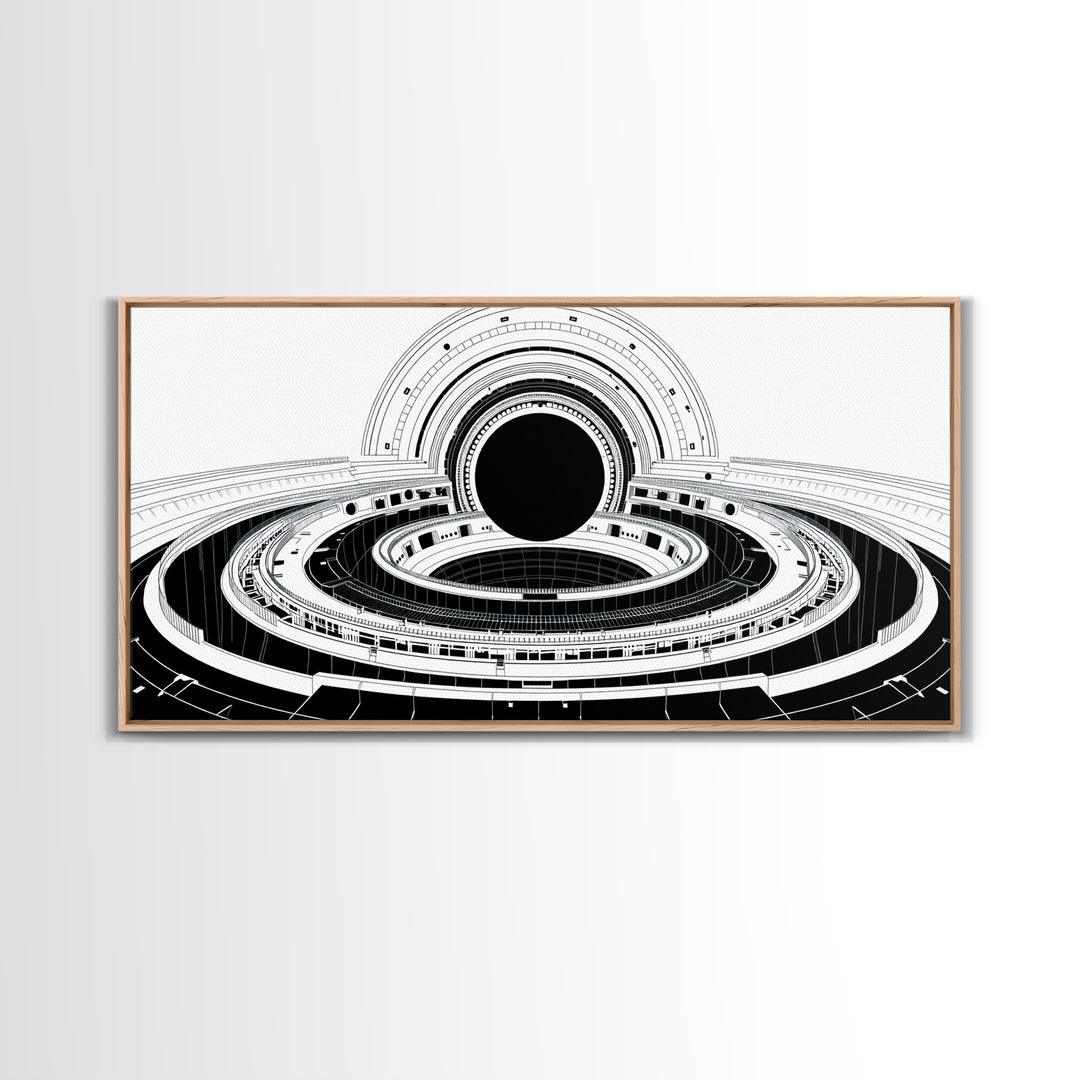 Monochrome Space Station Wall Art, Black And White Futuristic Architecture, Minimalist Canvas Print, Modern Office Decor