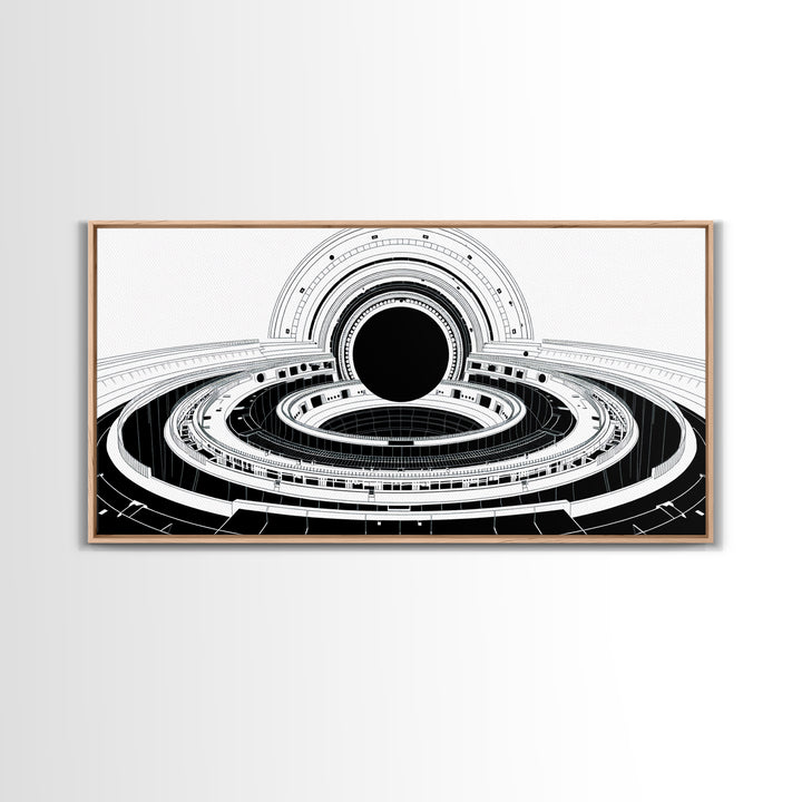 Monochrome Space Station Wall Art, Black And White Futuristic Architecture, Minimalist Canvas Print, Modern Office Decor