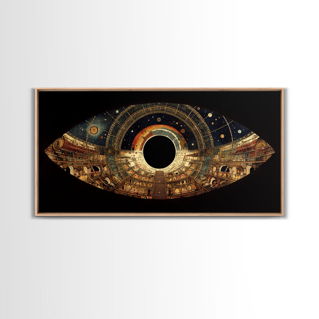 Celestial Observatory Eye Canvas Print, Ornate Cosmic Library Wall Art, Black Gold Sci Fi Decor, Mystical Statement Piece