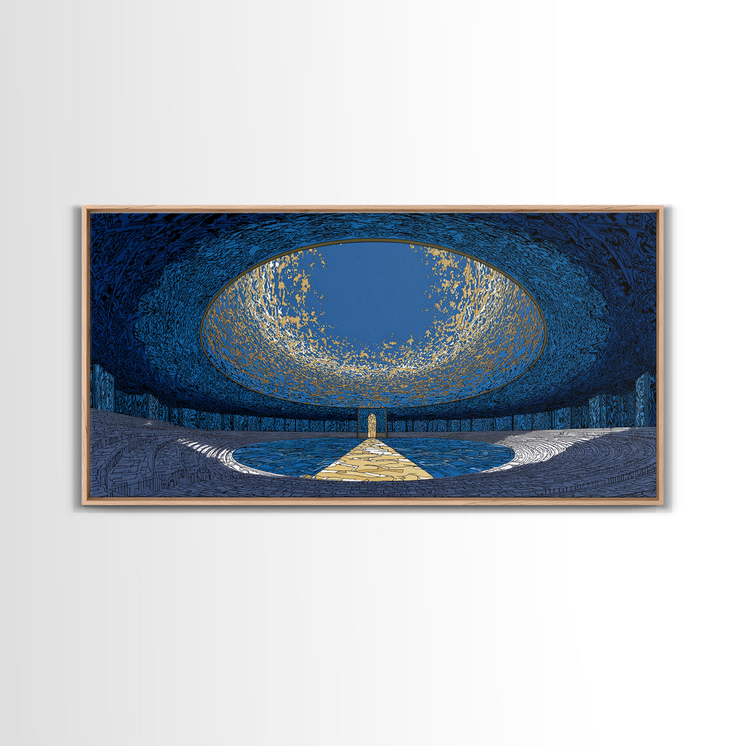 Blue Portal Chamber Wall Art, Futuristic Circular Architecture, Gold Path Canvas Print, Modern Abstract Office Decor Statement Piece