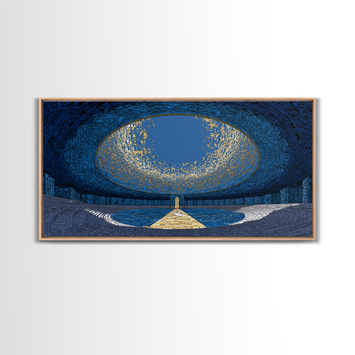 Blue Portal Chamber Wall Art, Futuristic Circular Architecture, Gold Path Canvas Print, Modern Abstract Office Decor Statement Piece