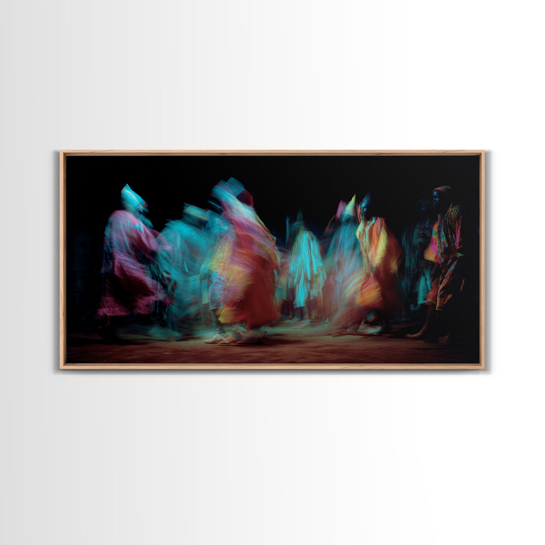 Blurred African Dancers In Jewel Robes Wall Art, Afrocentric Dance Canvas, Cultural Home Decor, Vibrant Tribal Art Print