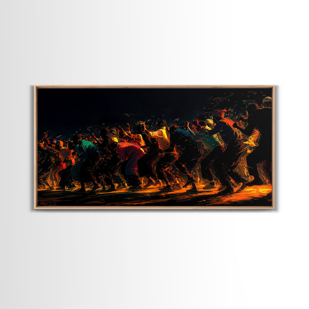 Golden Line Of African Dancers Canvas Print, Black Culture Art, Afrocentric Wall Decor, Vibrant Movement Painting, Cultural Art