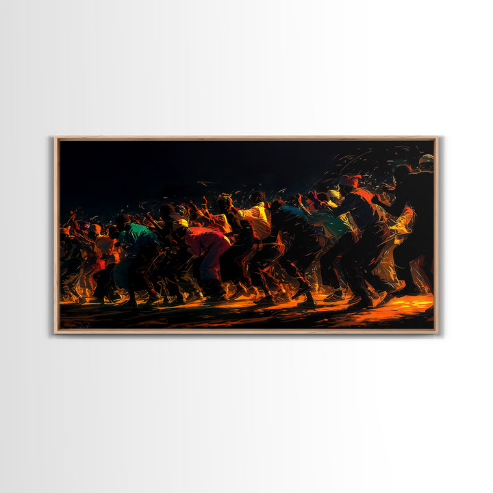Golden Line Of African Dancers Canvas Print, Black Culture Art, Afrocentric Wall Decor, Vibrant Movement Painting, Cultural Art