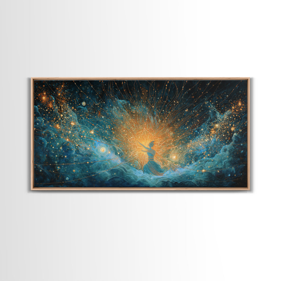 Cosmic African Goddess In Blue Gold Light Wall Art, Spiritual Afrocentric Decor, Mystical Woman Canvas, Dreamy Art Print