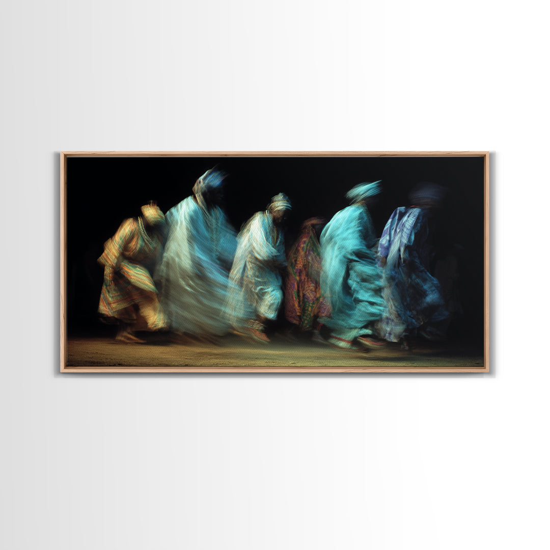 Blue Robed African Procession Wall Art, Abstract Dance Movement, Afrocentric Cultural Decor, Ethnic Canvas Print For Home