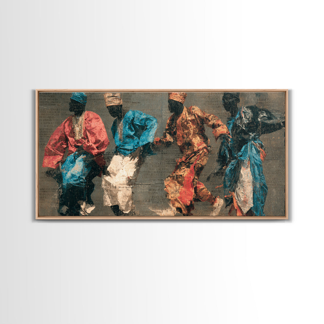 Four African Dancers In Colorful Robes Canvas Print, Tribal Culture Wall Art, Ankara Inspired Decor, Afrocentric Art Gift