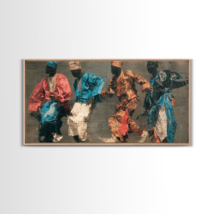 Four African Dancers In Colorful Robes Canvas Print, Tribal Culture Wall Art, Ankara Inspired Decor, Afrocentric Art Gift