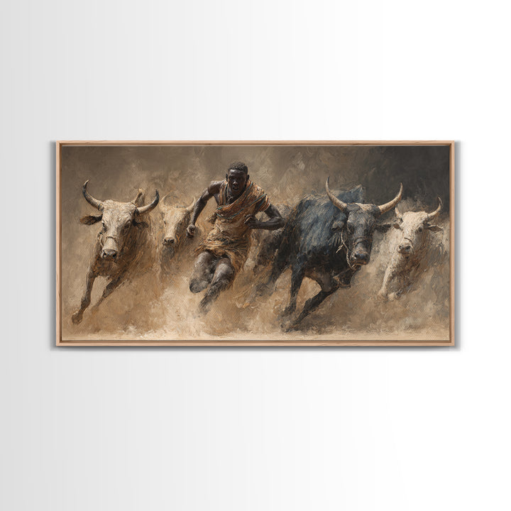 African Bull Runner Canvas Print, Dusty Cattle Race Painting, Warrior Culture Wall Decor, Rustic Safari Art For Living Room