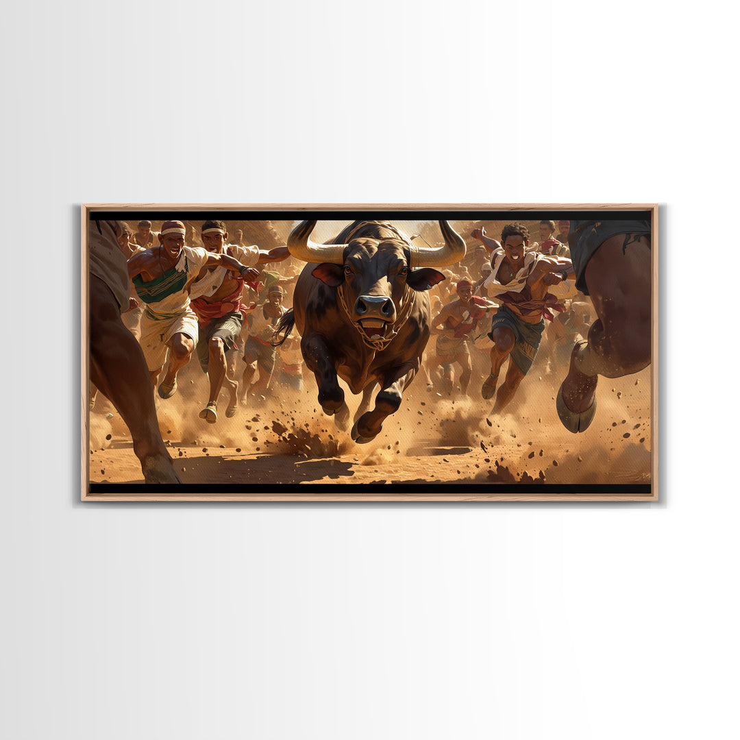 Charging Bull Race Framed Canvas Print, African Warrior Runners, Dusty Safari Action Art, Bold Cultural Living Room Decor