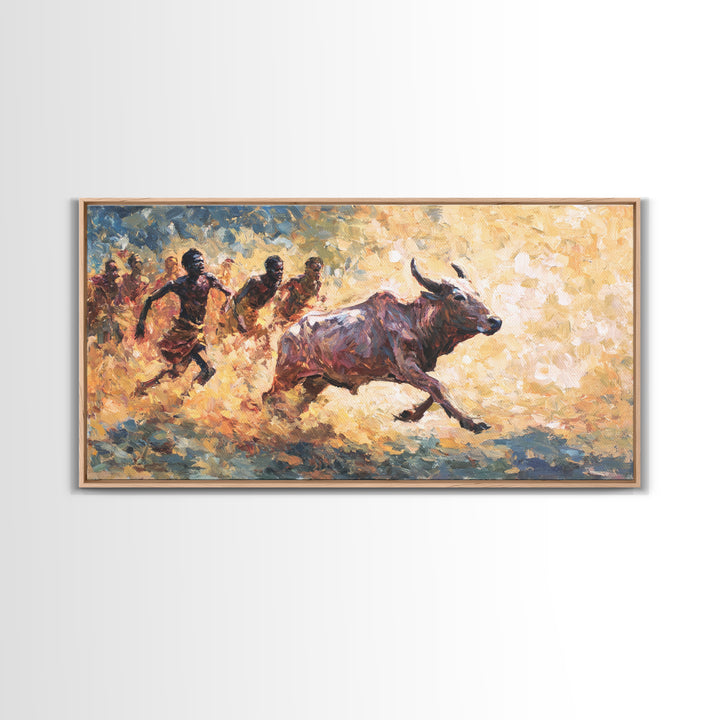 Painterly African Bull Chase Canvas Print, Sunlit Cattle Race With Runners, Rustic Safari Decor, Dynamic Cultural Wall Art