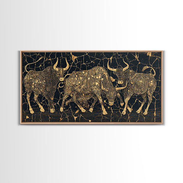 Gold Line Cattle On Black Wall Art, African Inspired Bull Illustration, Geometric Crackle Texture Decor, Luxury Canvas Print