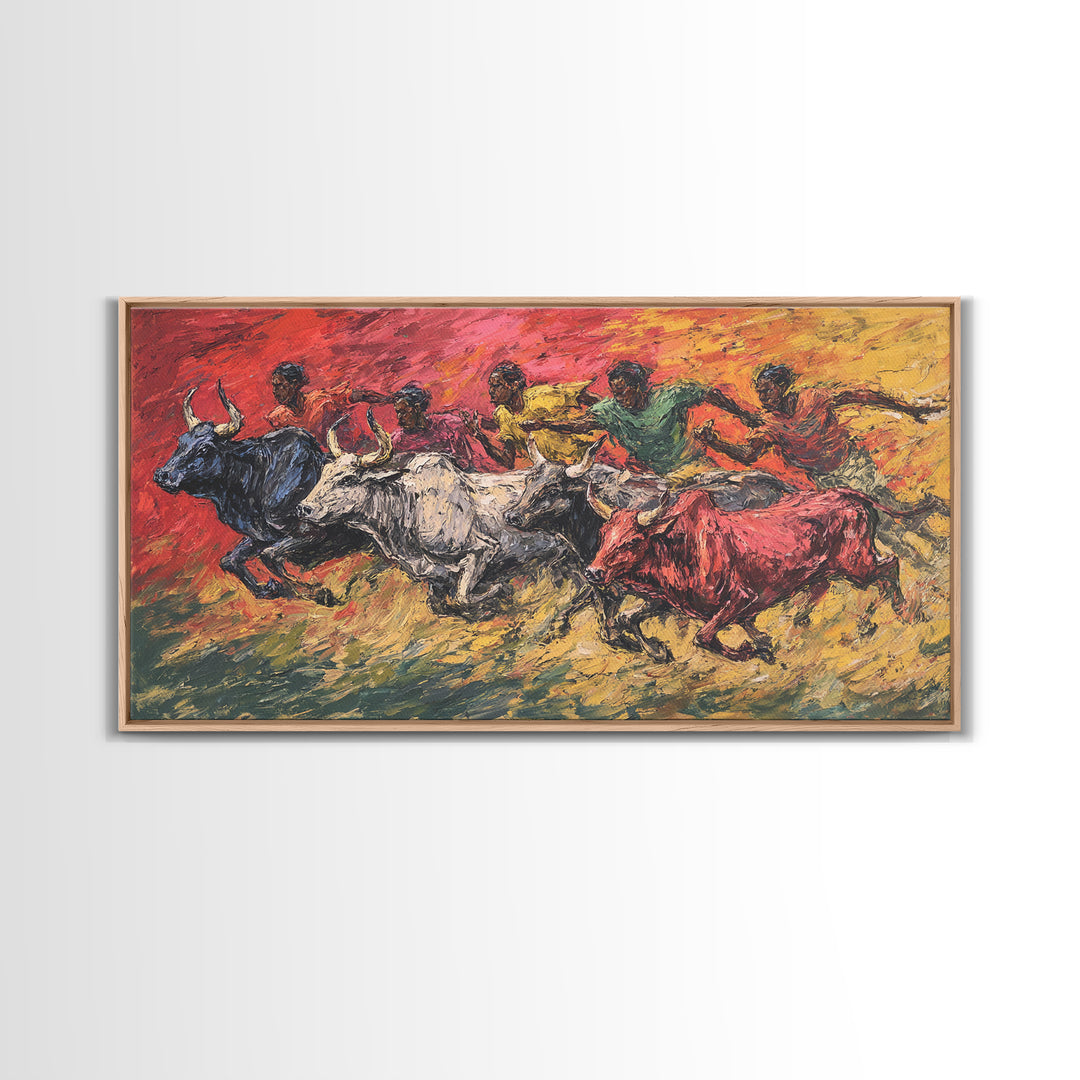 Colorful African Bull Race Canvas Print, Expressive Tribal Runners, Sunset Safari Painting, Bright Vibrant Cultural Wall Decor