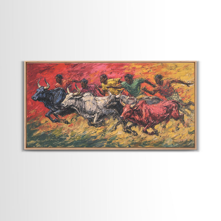 Colorful African Bull Race Canvas Print, Expressive Tribal Runners, Sunset Safari Painting, Bright Vibrant Cultural Wall Decor
