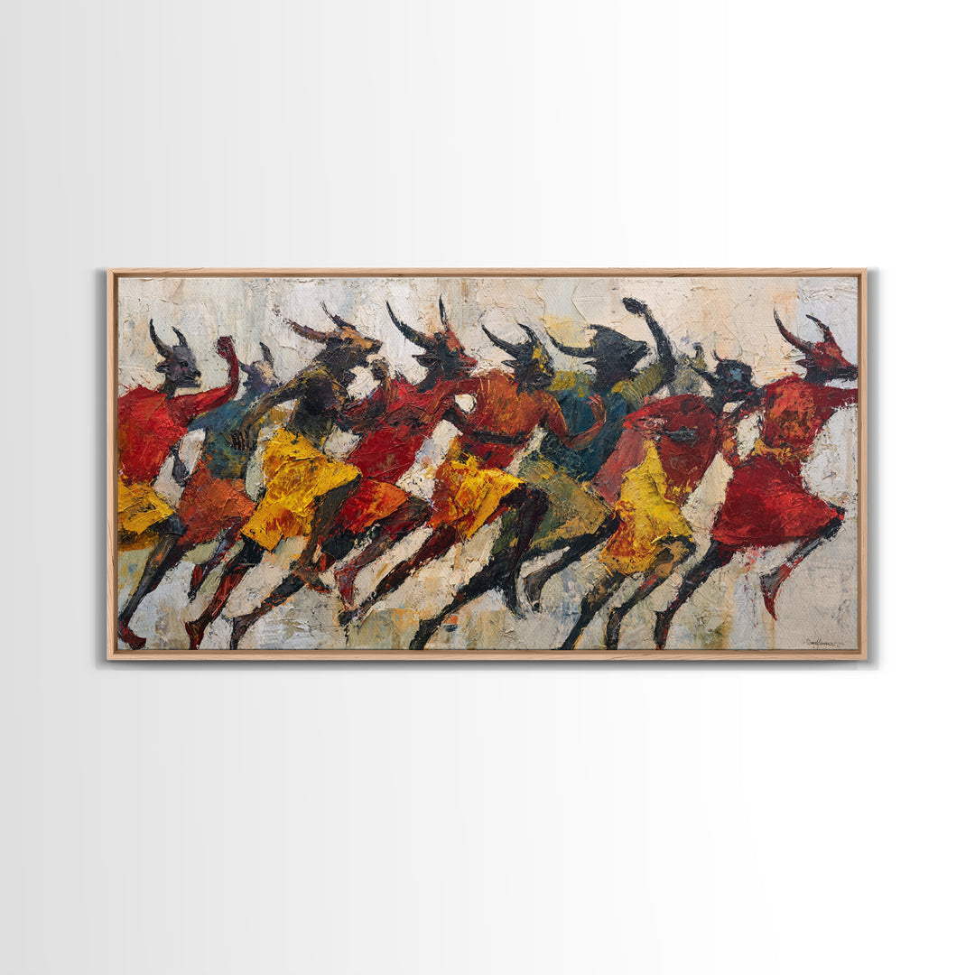 Horned Dancers In Red And Gold, African Warrior Art Canvas Print, Tribal Culture Wall Decor, Afrocentric Home Decor, Statement Piece