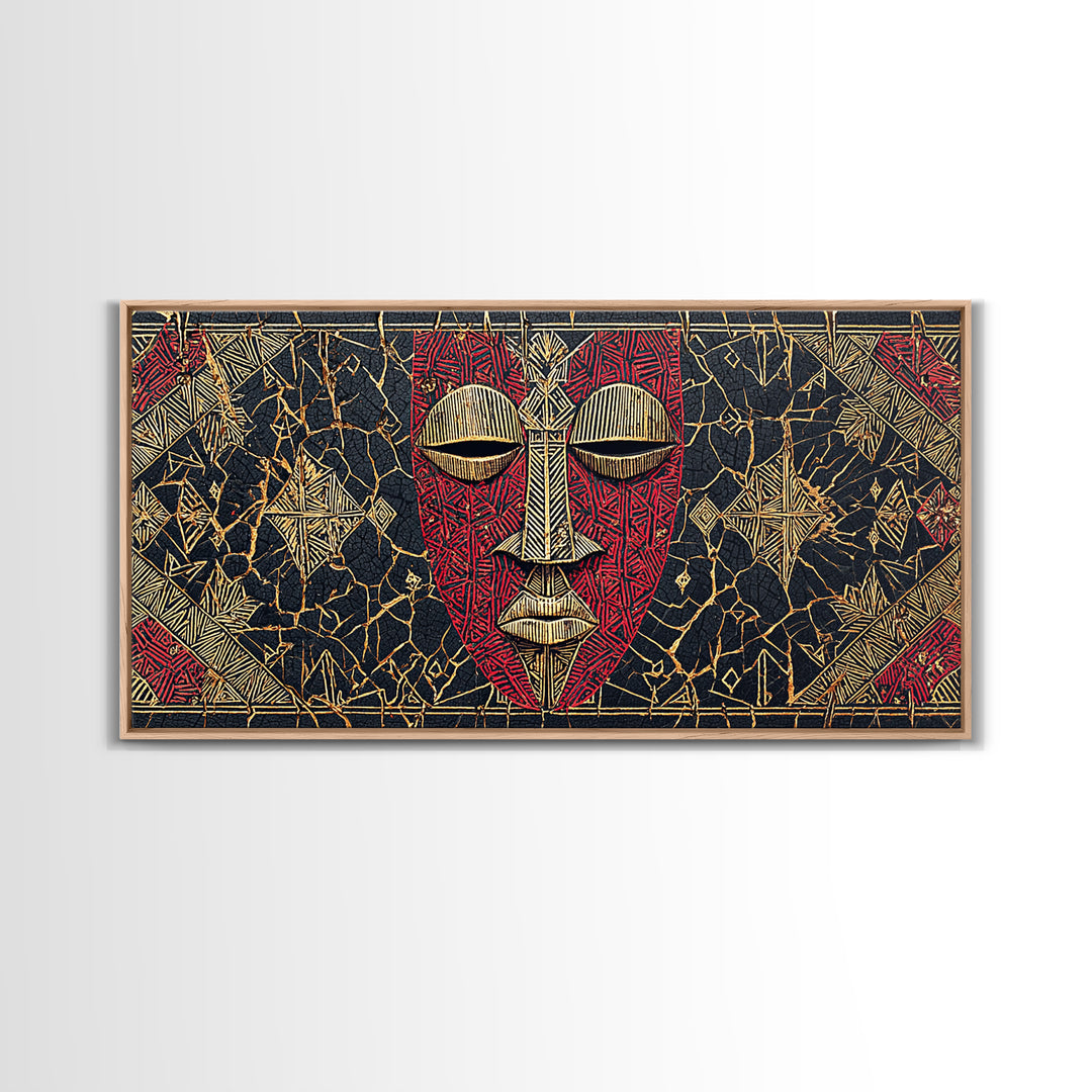 Red African Mask With Gold Geometric Pattern, Framed Canvas Print, Tribal Mask Canvas, Cultural Wall Decor Gift For Home