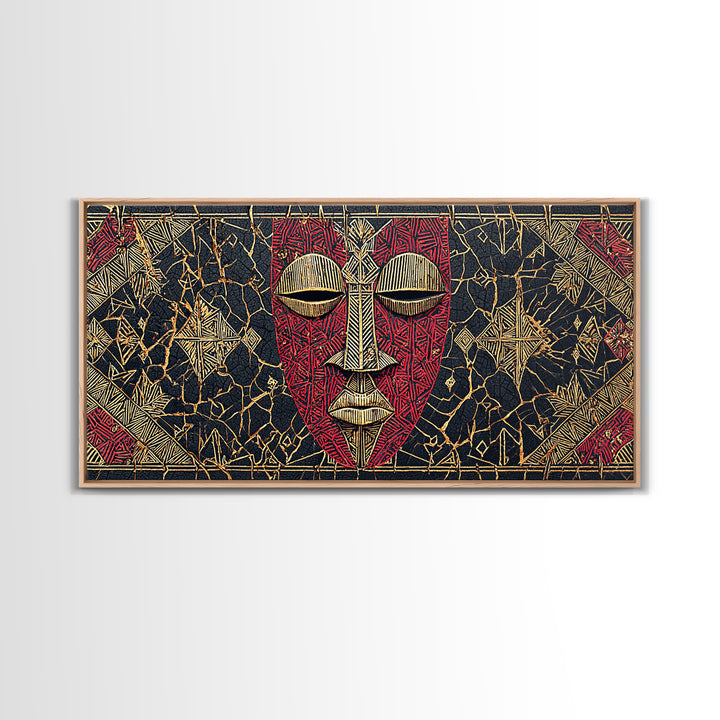 Red African Mask With Gold Geometric Pattern, Framed Canvas Print, Tribal Mask Canvas, Cultural Wall Decor Gift For Home