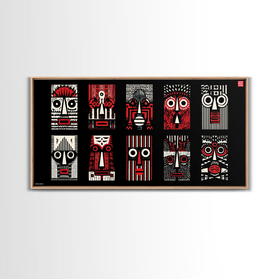 Nine Graphic Red Black And White African Masks, Wall Art, Tribal Mask Canvas, Afrocentric Decor, Bold Modern Pattern Print Set