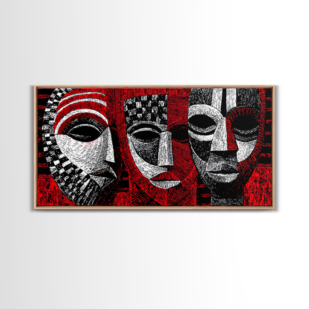 Three Red Black And White African Masks, Canvas Print, Tribal Mask Art, Abstract African Art Decor, Statement Wall Decor Gift
