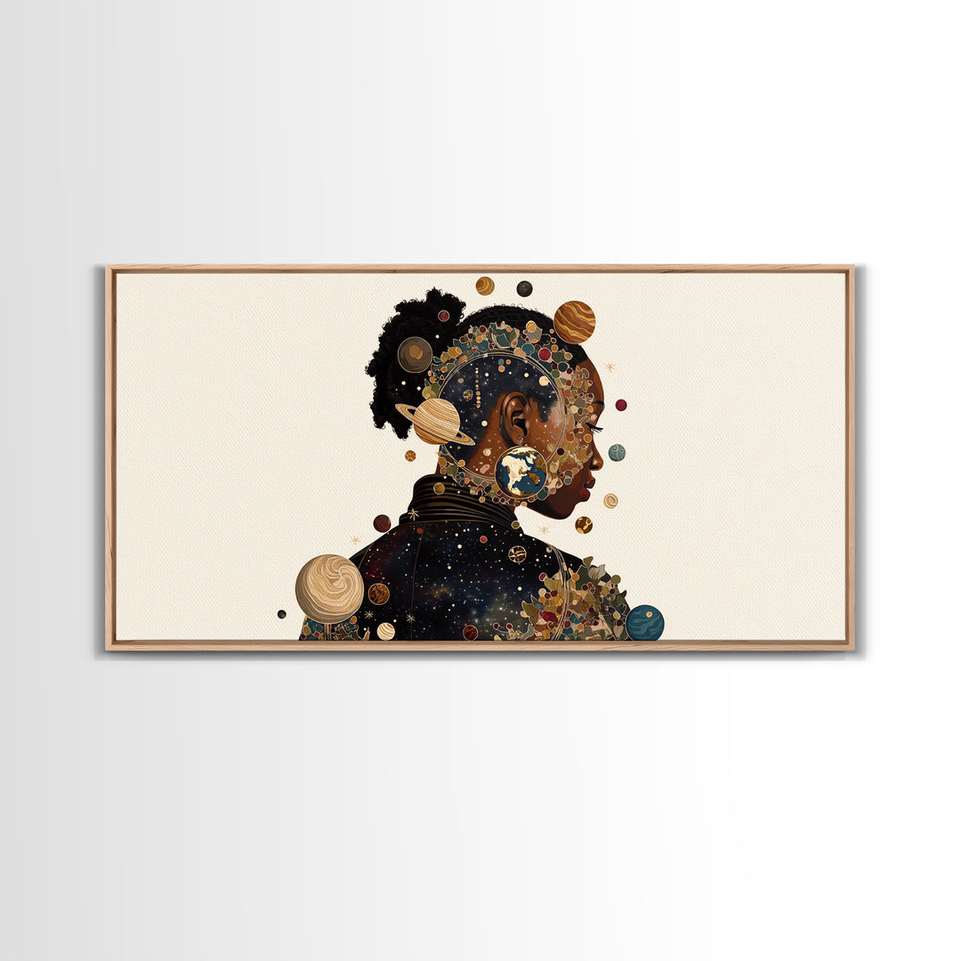 Cosmic Black Woman Profile With Planets, African American Art Framed Canvas Print, Afrocentric Wall Decor, Melanin Gift For Her