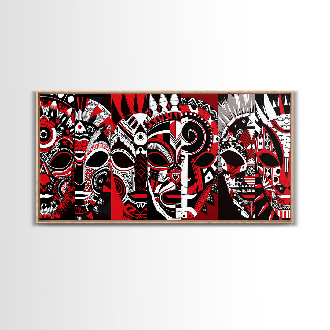 Overlapping Red Tribal Masks In Bold Pattern, African Mask Wall Art, Afrocentric Decor, Contemporary Canvas Print, Home Decor Gift