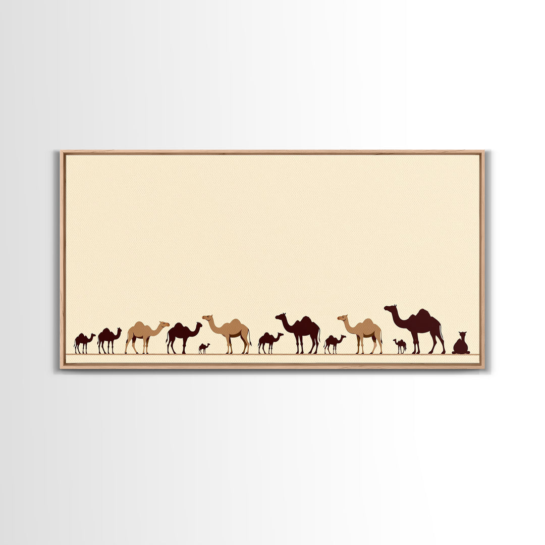 Minimalist Camel Caravan Silhouettes, African Safari Art Canvas Print, Desert Wall Art, Neutral Boho Living Room Decor Gift