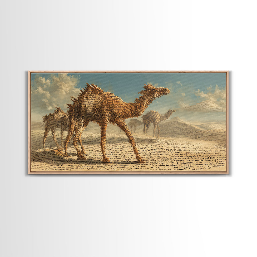Desert Camel Caravan In Script Texture Canvas Print, African Safari Art, Earth Tone Wall Decor, Boho Living Room Art Gift
