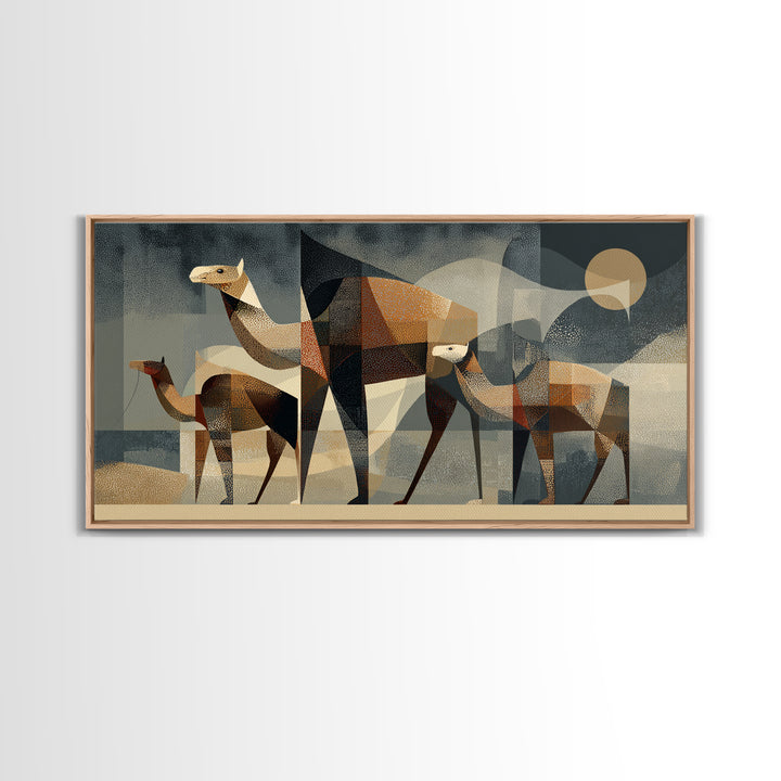 Geometric Camel Family In Desert Framed Canvas Print, Abstract African Art, Modern Safari Wall Decor, Earth Tone Home Decor