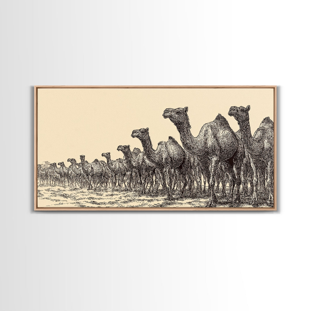 Ink Sketch Camel Herd Across Desert Wall Art, African Safari Art Print, Black And White Tribal Decor, Camel Artwork For Living Room