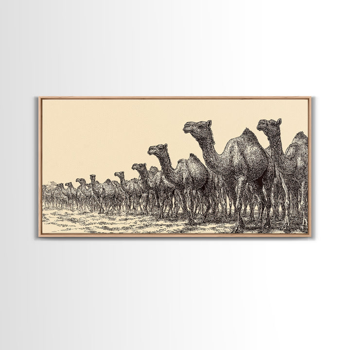 Ink Sketch Camel Herd Across Desert Wall Art, African Safari Art Print, Black And White Tribal Decor, Camel Artwork For Living Room
