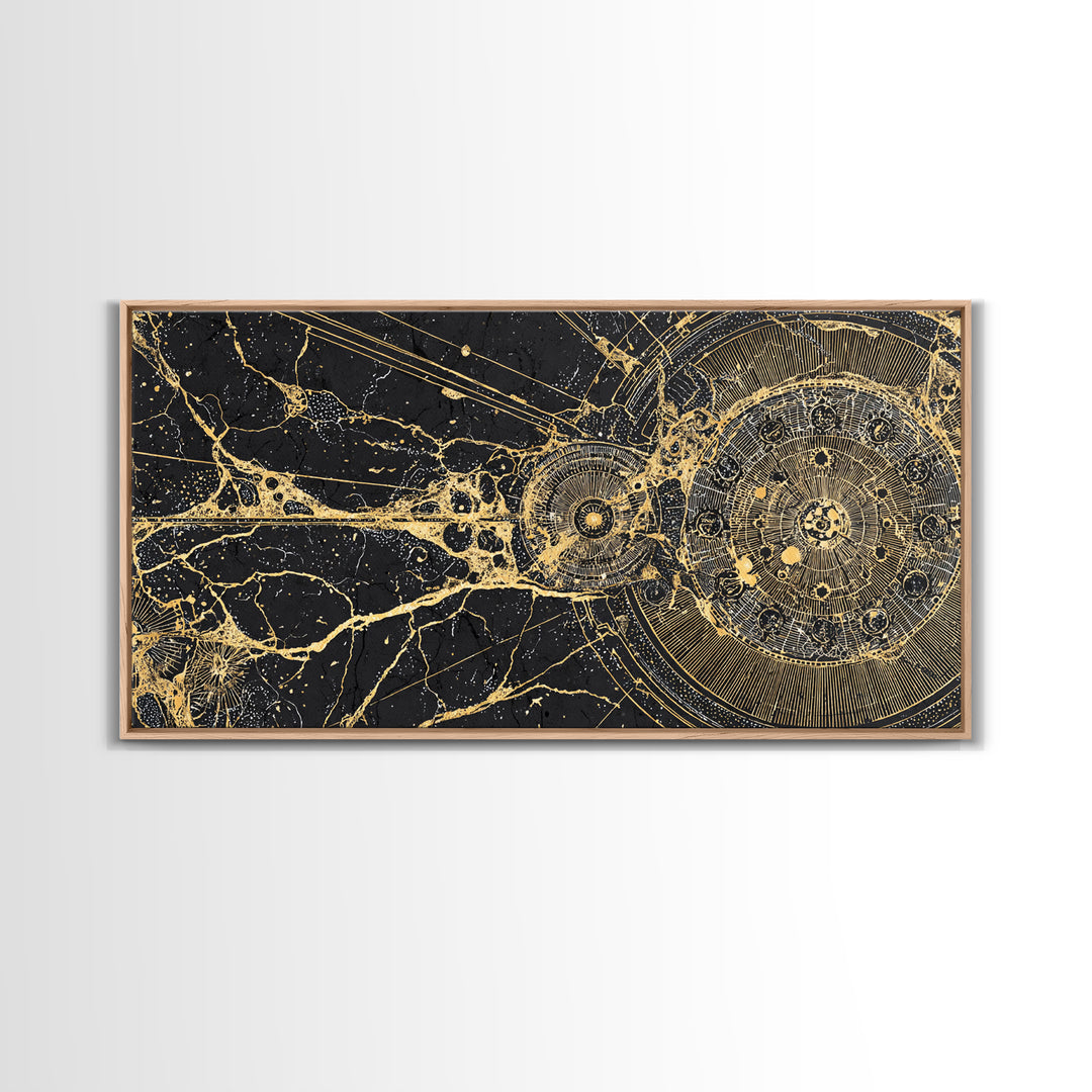 Golden Cosmic Web And Solar Orbit Framed Canvas Print, Abstract Wall Art, Black And Gold Decor, Mystical Astronomy Artwork