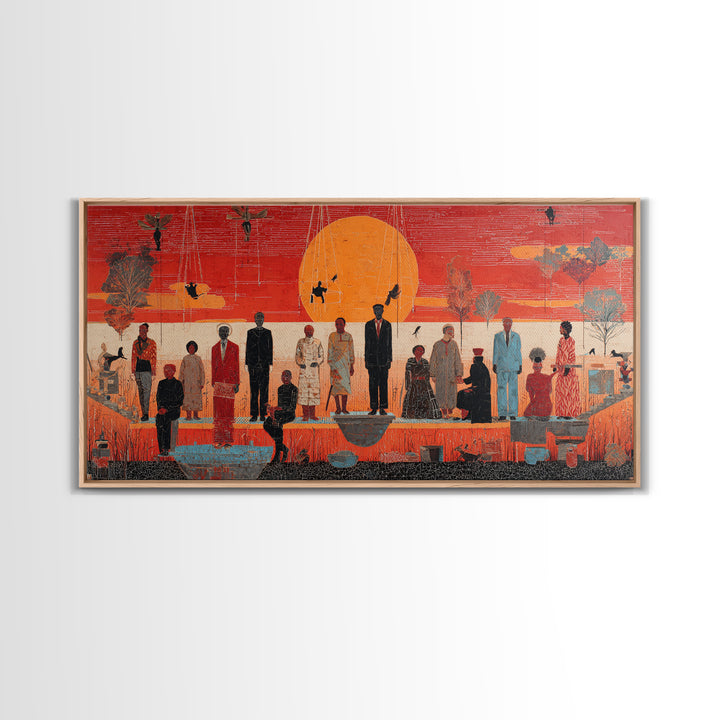 Orange Sunset Gathering With African Figures Wall Art, Black Culture Art, Contemporary Canvas, Statement Living Room Decor