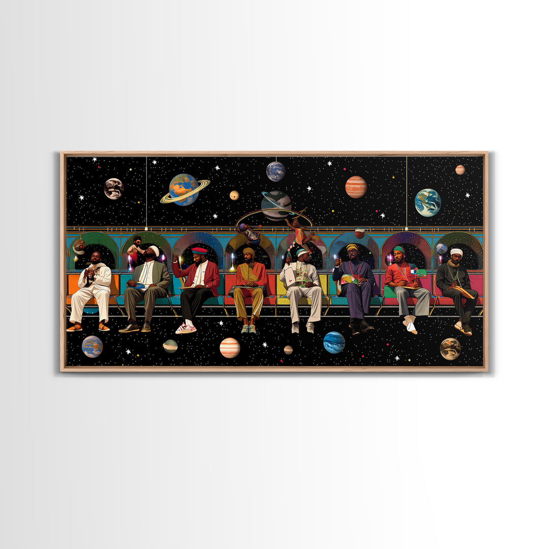 Black Travelers On Cosmic Subway Framed Canvas Print, Afrofuturism Decor, African American Art, Space Wall Decor Gift For Him