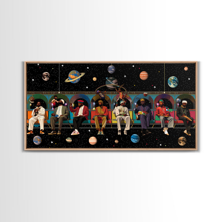 Black Travelers On Cosmic Subway Framed Canvas Print, Afrofuturism Decor, African American Art, Space Wall Decor Gift For Him