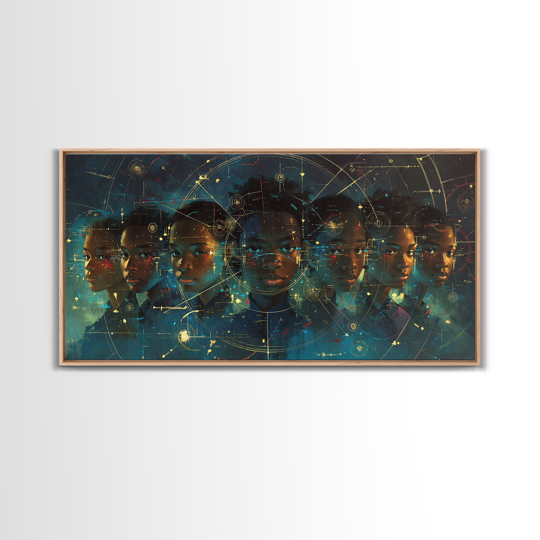 Six Young African Visionaries In Futuristic City Wall Art, Black Boy Art, Afrocentric Art, Modern Portrait Art, Office Decor