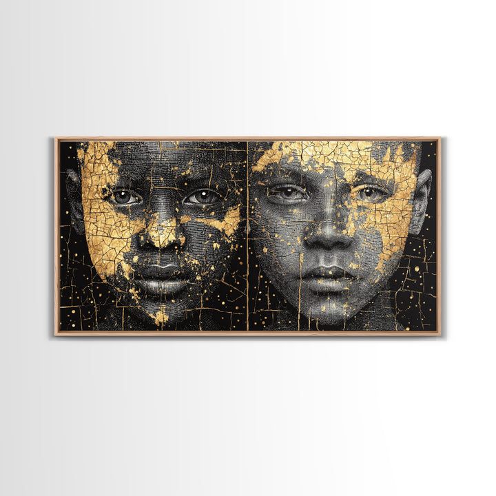 Black Gold African Portrait Diptych Wall Art, Afrocentric Abstract Face Art, Modern Black Culture Decor, Luxury Canvas Print
