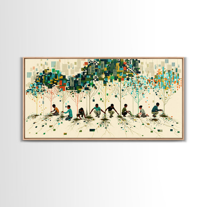 Children Planting Digital Forest Wall Art, African Community Tree Artwork, Modern Afrocentric Decor, Eco Living Room Print