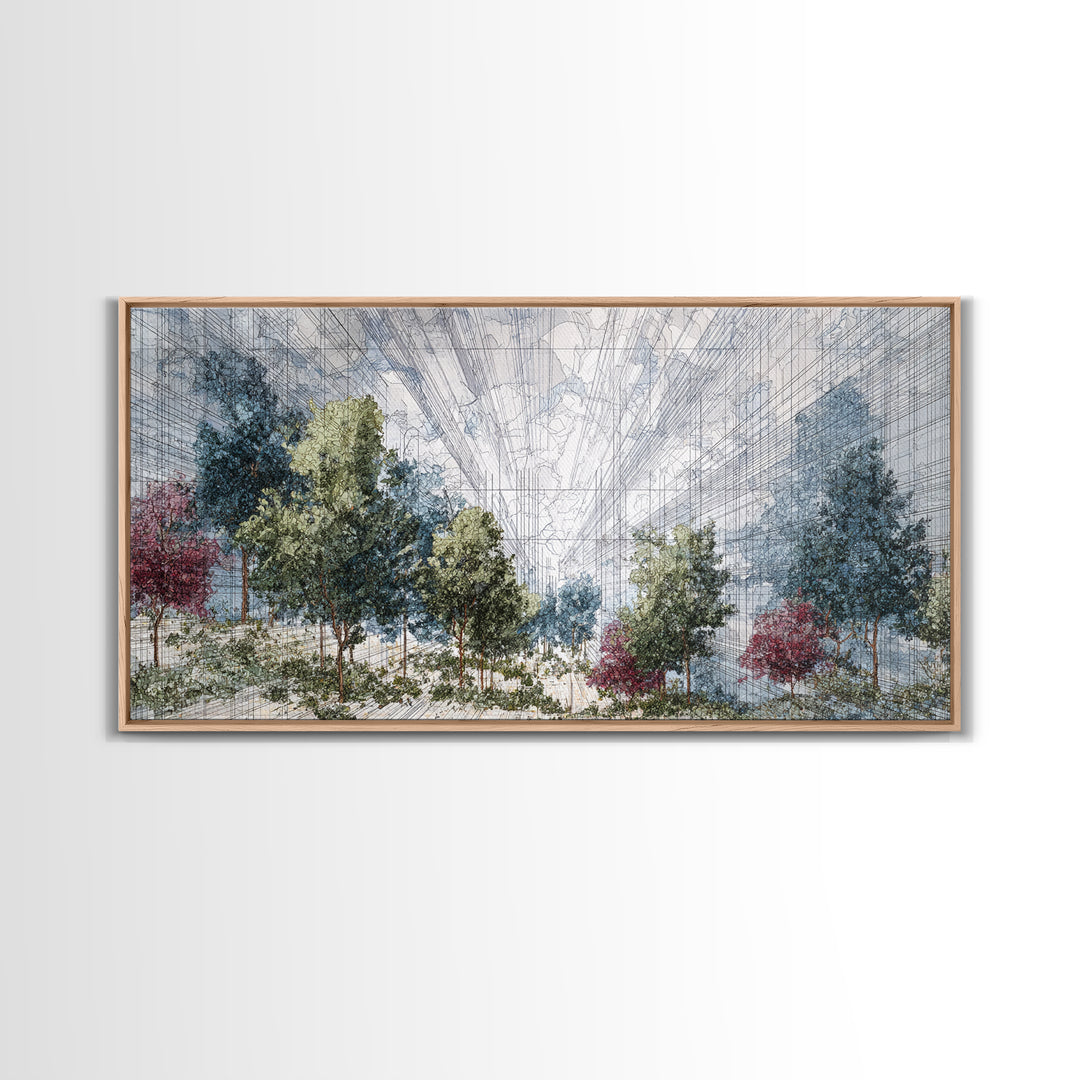Abstract Urban Forest Canvas Print, Dreamy Nature Scene Art, Modern African Inspired Wall Decor, Blue Green Office Decor