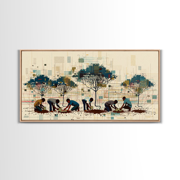 Community Tree Planting Wall Art, African Landscape With Acacia Trees, Modern Afrocentric Print, Cultural Home Decor Gift