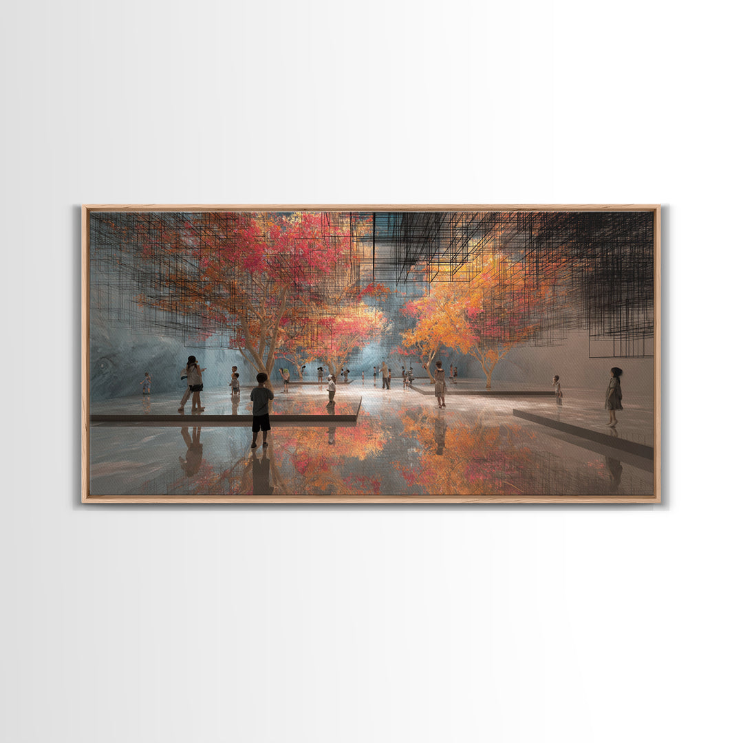 Futuristic Autumn Indoor Park Wall Art, Children In Reflective Gallery, Dreamy Modern Nature Scene, Large Decor Canvas Print