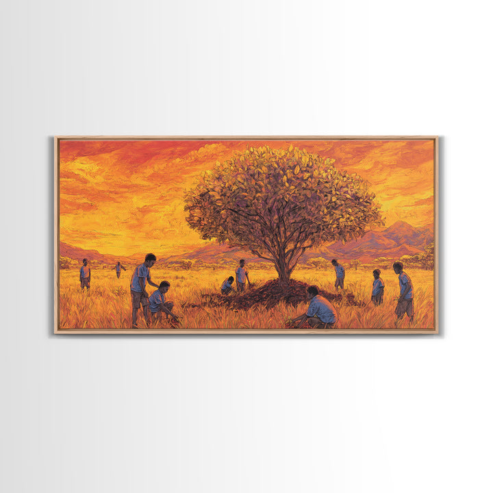 Golden Savanna Tree Framed Canvas Print, African Children Landscape, Sunset Safari Art, Warm Cultural Wall Decor Gift Print