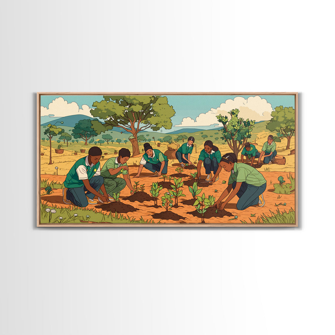 Students Planting Saplings Canvas Print, African Safari Landscape, Youth Garden Artwork, Green Nature Wall Decor Gift For Kids