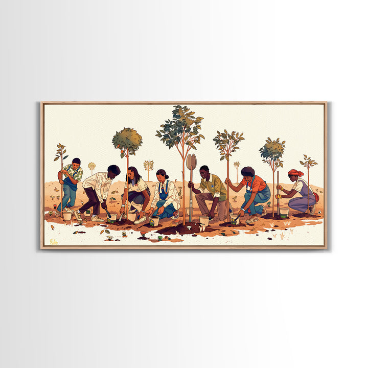 Tree Planting Volunteers Wall Art, African Community Garden Scene, Boho Cultural Artwork, Earth Tone Home Decor Print Gift